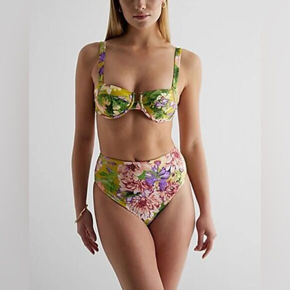NWT Express Body Contour High Rise Swim Bottoms | XSmall | Green Floral - Picture 1 of 5